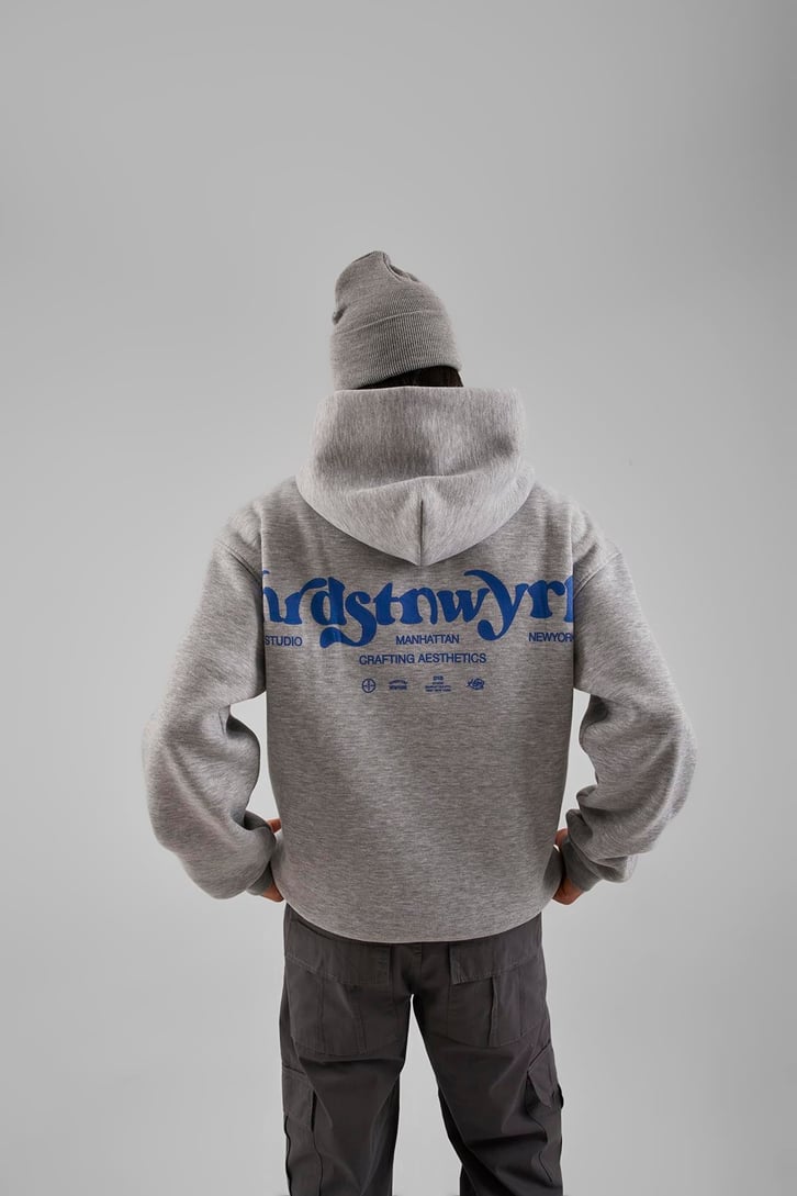 Studio Baskılı Gri Melanj Oversize Hoodie