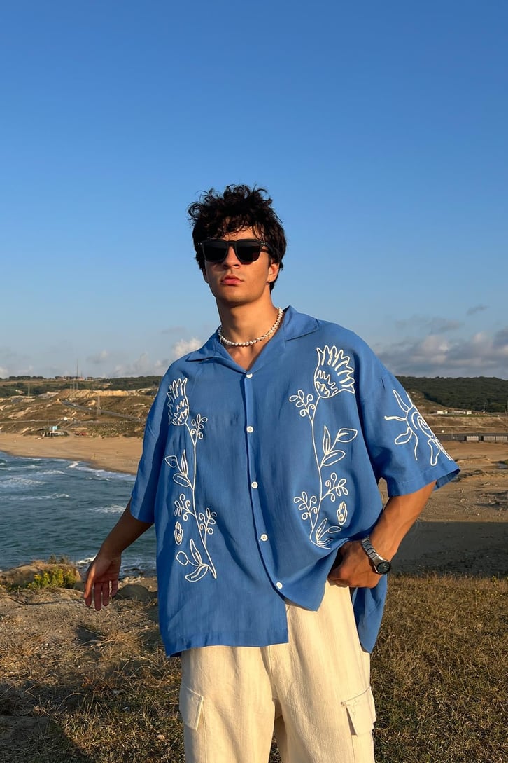Summer Fiore Nakışlı Keten Kısa Kol Oversize