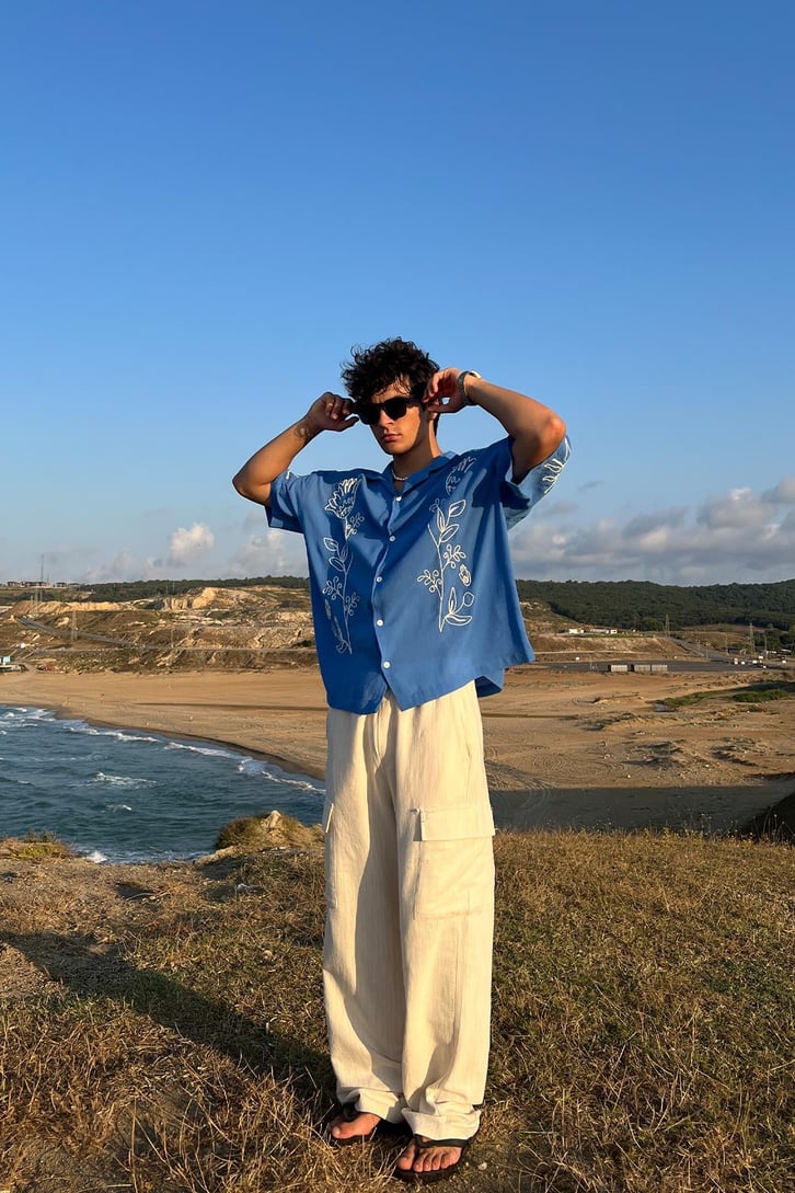 Summer Fiore Nakışlı Keten Kısa Kol Oversize