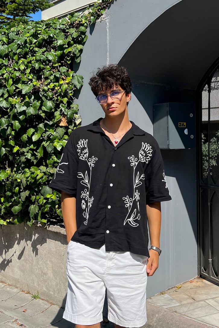 Summer Fiore Nakışlı Keten Kısa Kol Oversize