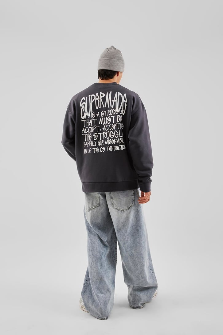 Supermade Baskılı Antrasit Oversize Sweatshirt
