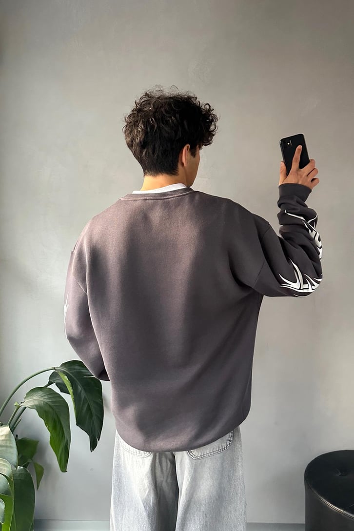 Sync Baskılı Oversize Bisiklet Yaka Sweatshirt