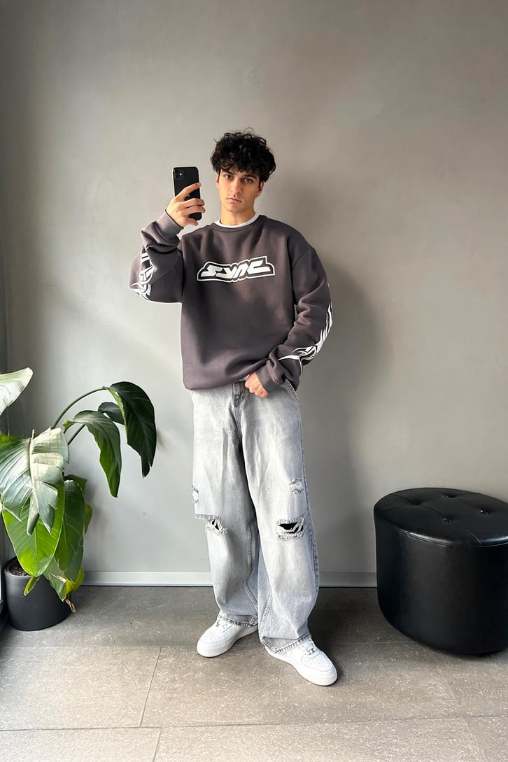 Sync Baskılı Oversize Bisiklet Yaka Sweatshirt