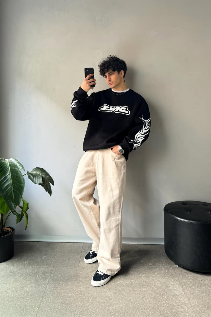 Sync Baskılı Oversize Bisiklet Yaka Sweatshirt