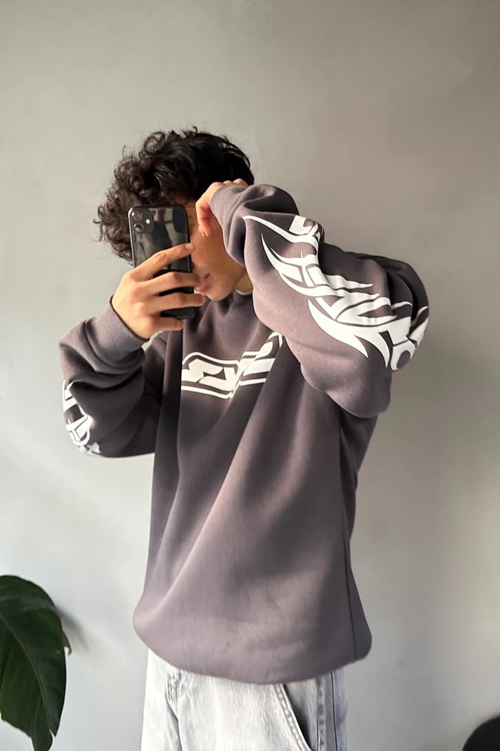 Sync Baskılı Oversize Bisiklet Yaka Sweatshirt