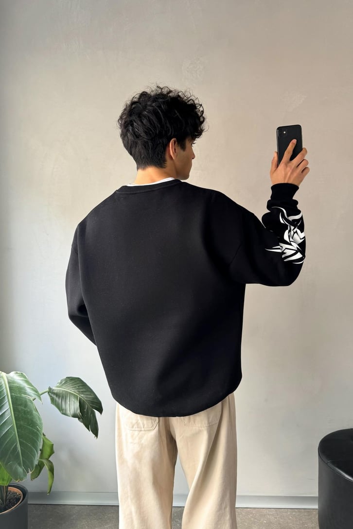 Sync Baskılı Oversize Bisiklet Yaka Sweatshirt