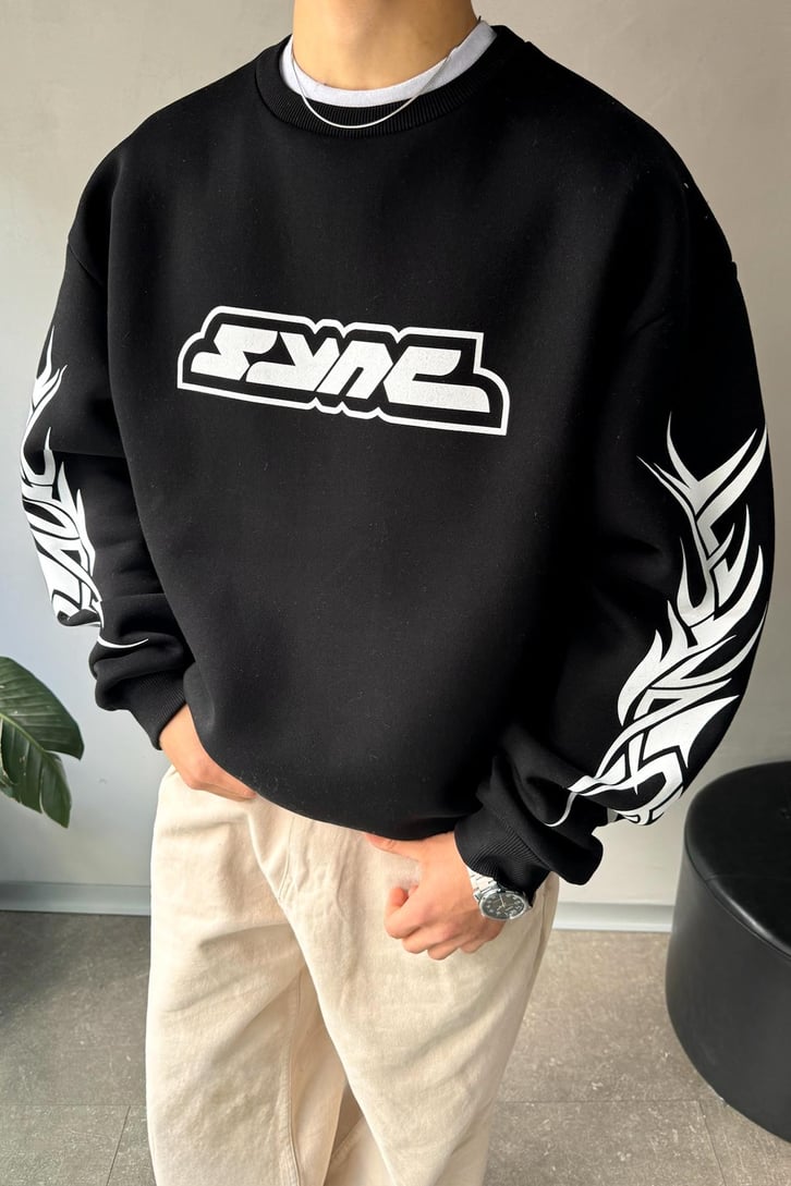 Sync Baskılı Oversize Bisiklet Yaka Sweatshirt