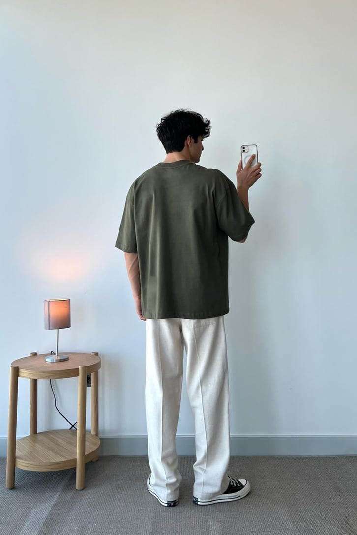 Synical Nakışlı Haki Oversize Tişört