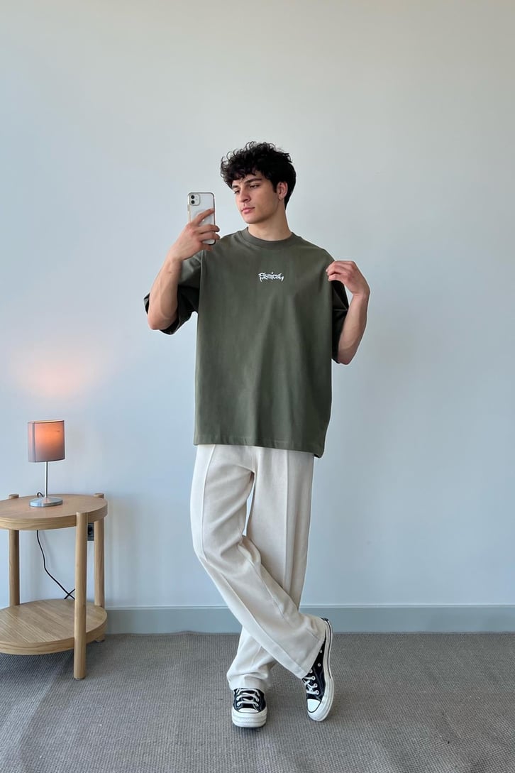 Synical Nakışlı Haki Oversize Tişört