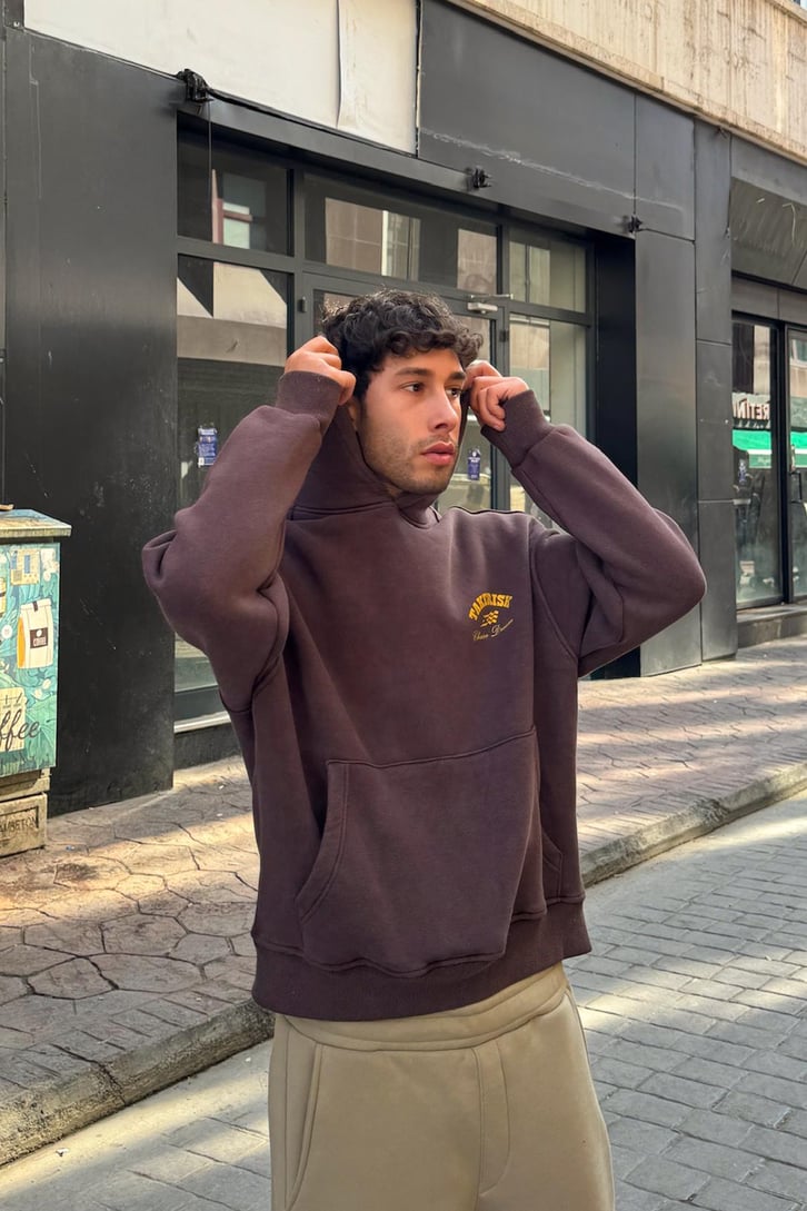 Takerisk Baskılı Kahverengi Hoodie