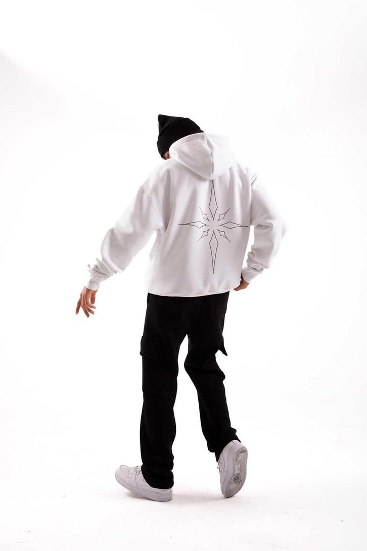 Taş İşlemeli Beyaz Ovesize Hoodie