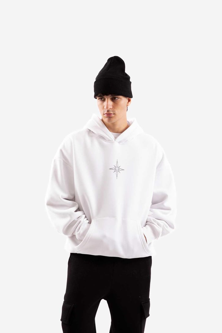 Taş İşlemeli Beyaz Ovesize Hoodie