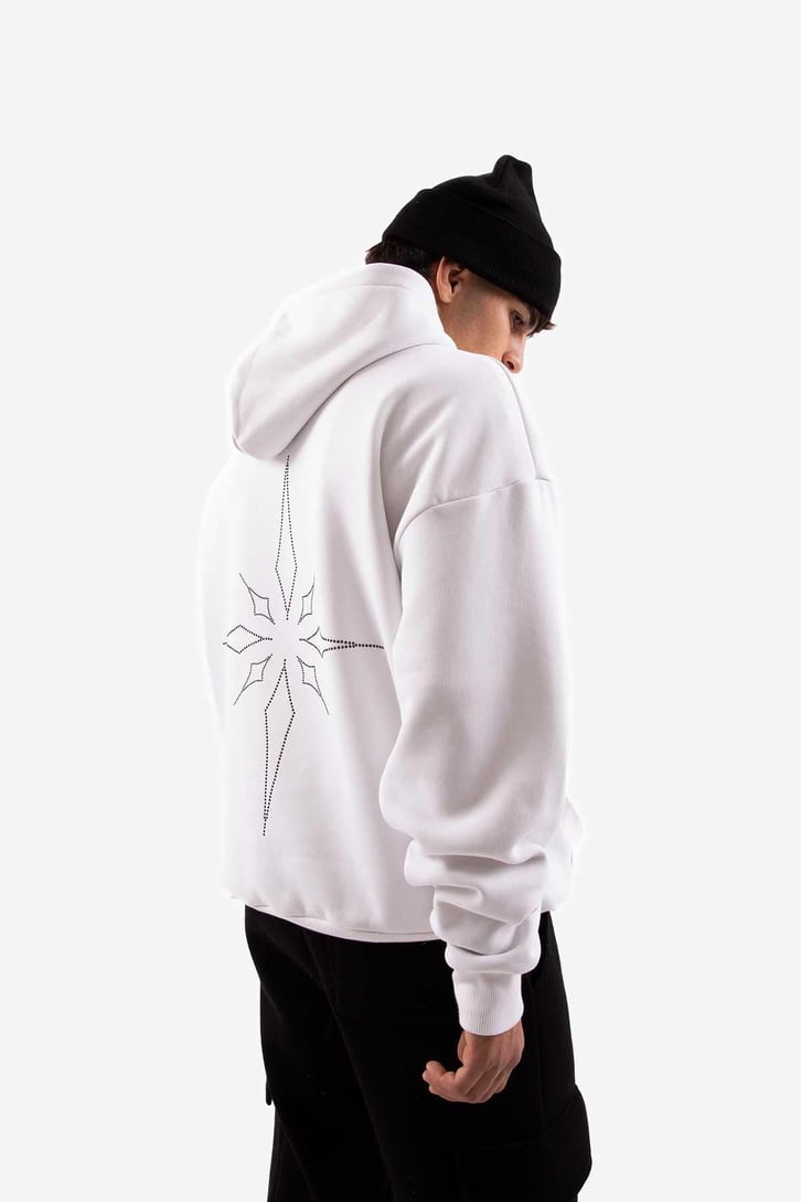 Taş İşlemeli Beyaz Ovesize Hoodie