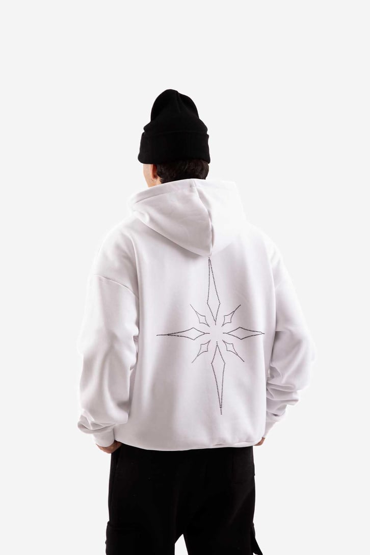Taş İşlemeli Beyaz Ovesize Hoodie