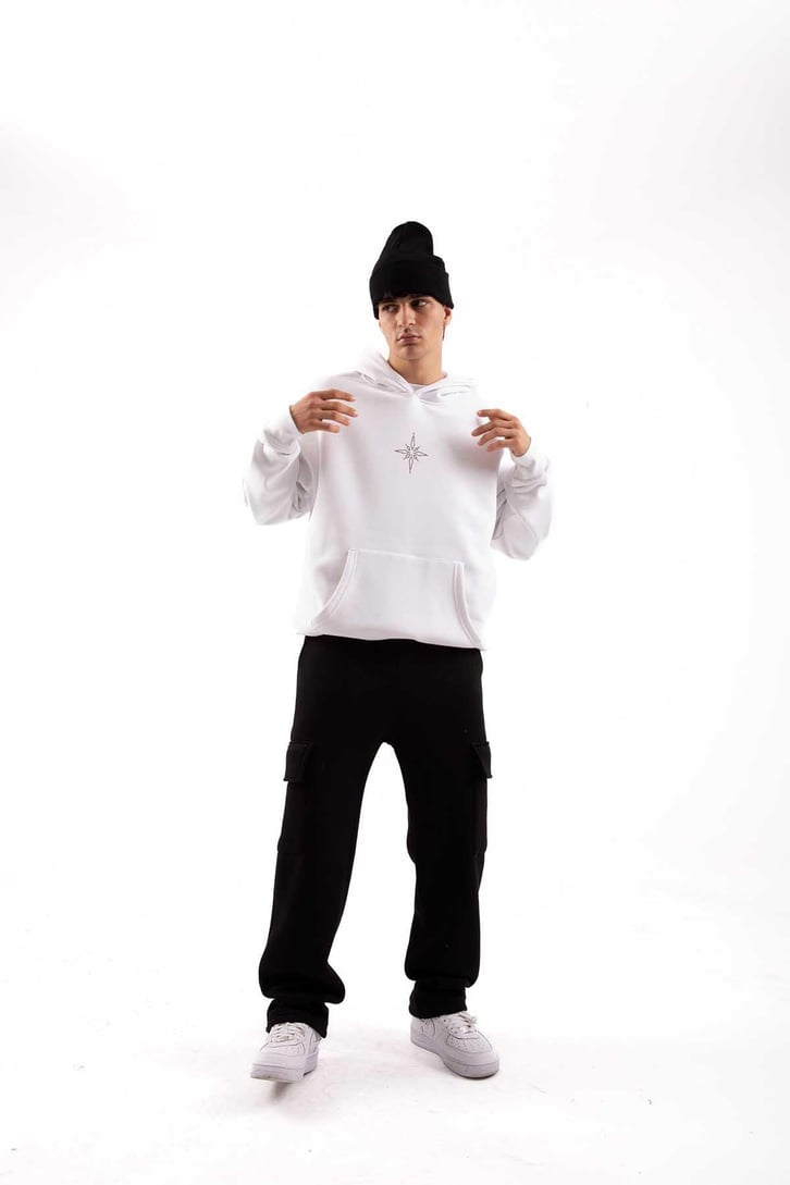 Taş İşlemeli Beyaz Ovesize Hoodie