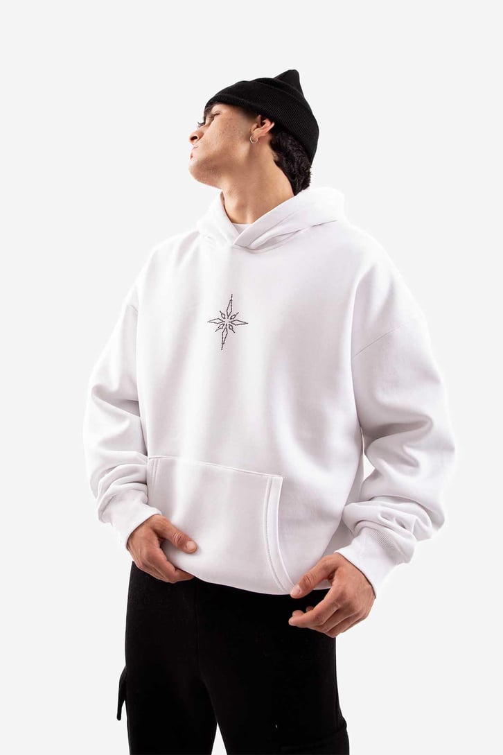 Taş İşlemeli Beyaz Ovesize Hoodie