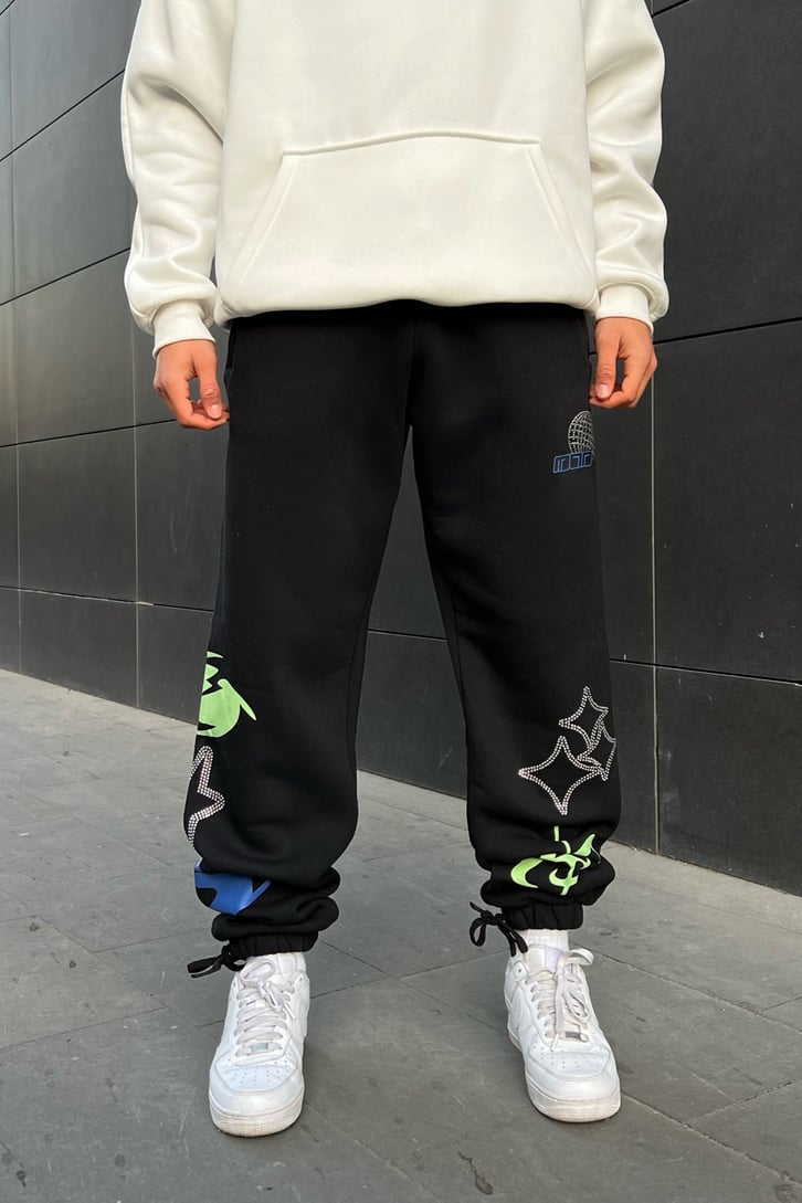 Taş İşlemeli Siyah Jogger Fit Eşofman Altı