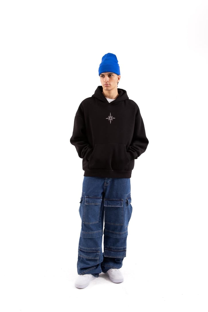 Taş İşlemeli Siyah Ovesize Hoodie