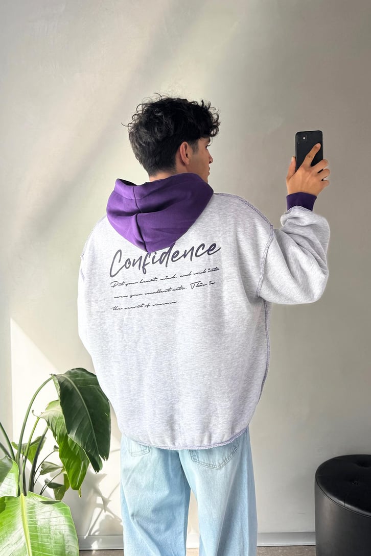 Ters Dikiş Confidence Baskılı Oversize  Hoodie