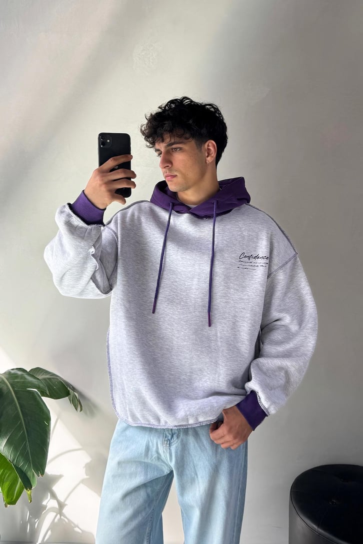 Ters Dikiş Confidence Baskılı Oversize  Hoodie