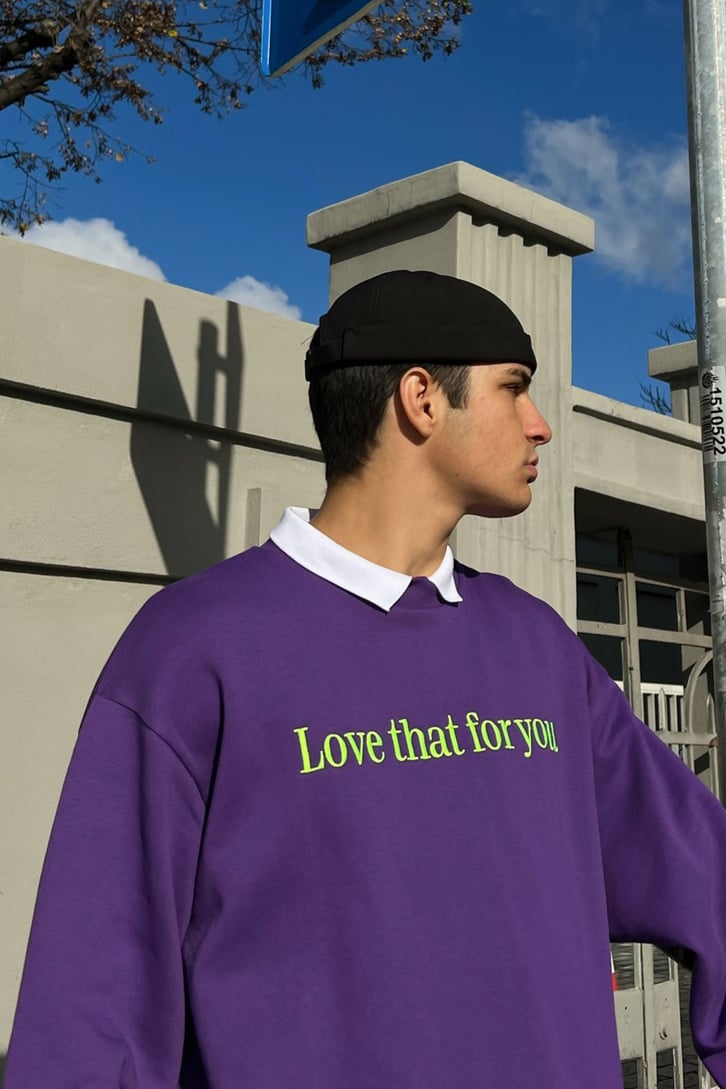 Text Nakışlı Mor Oversize Sweatshirt