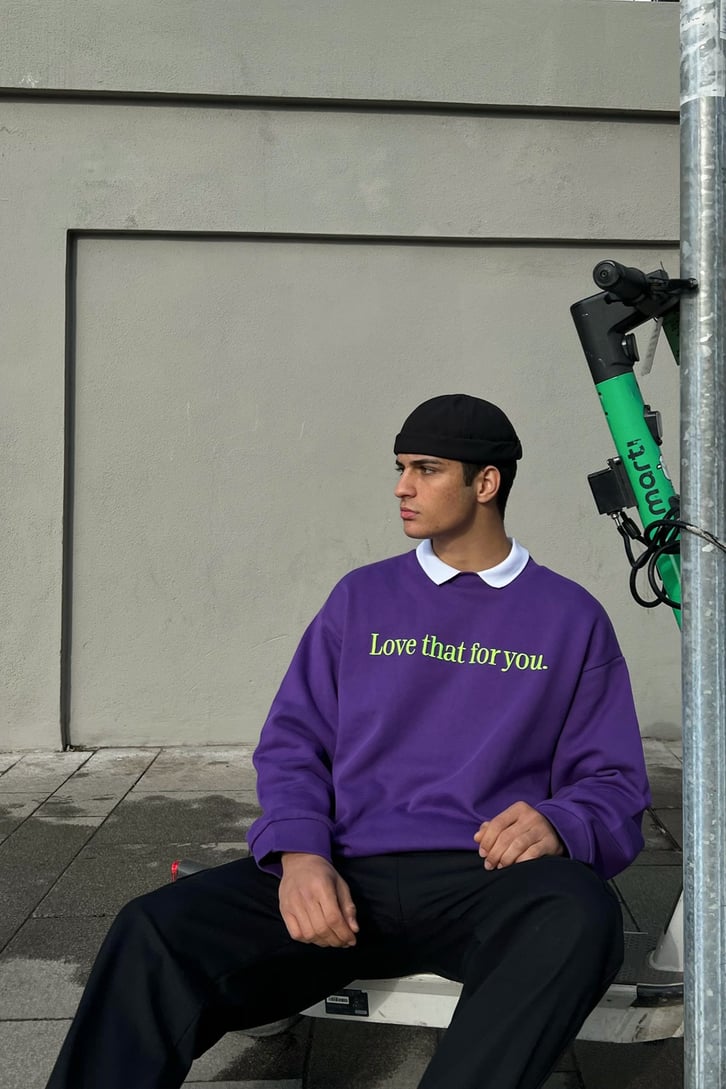 Text Nakışlı Mor Oversize Sweatshirt