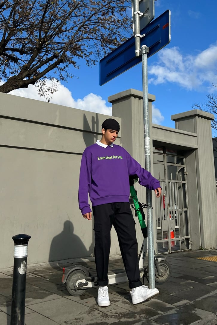Text Nakışlı Mor Oversize Sweatshirt