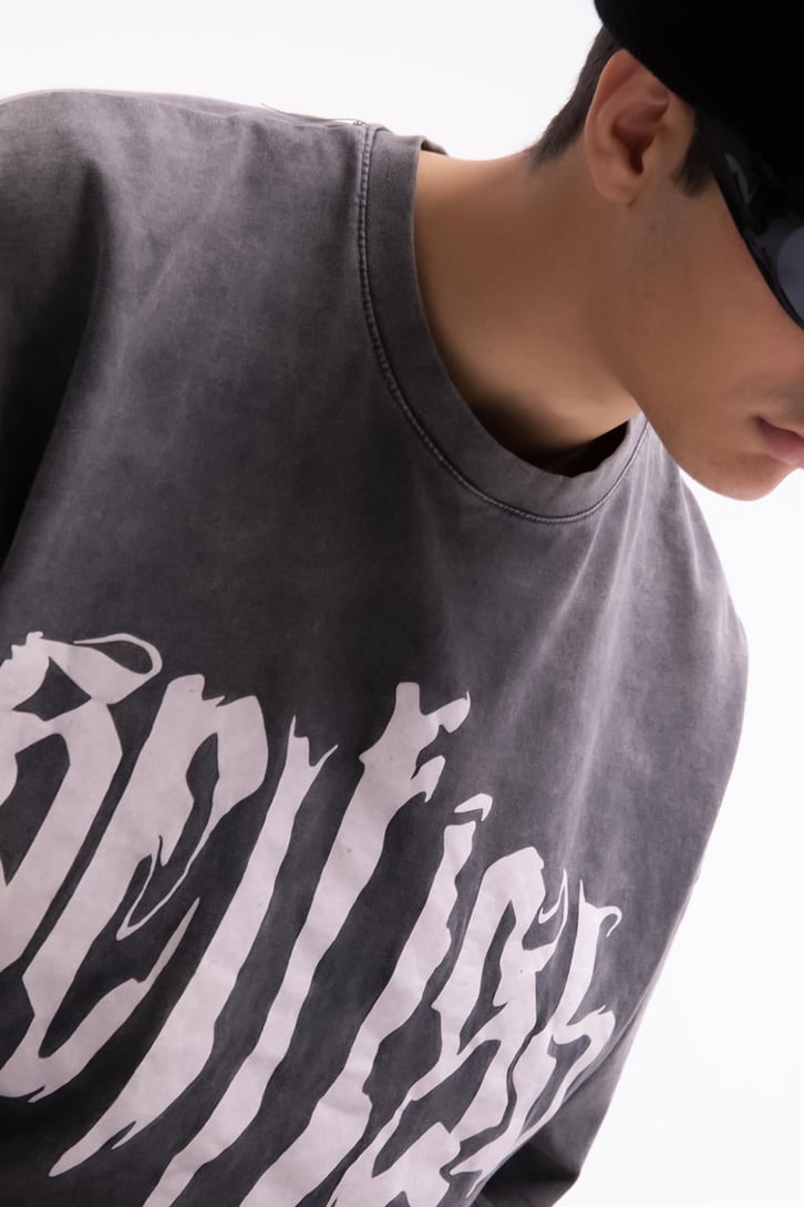 Text Printed Acid Wash Oversize Tshirt