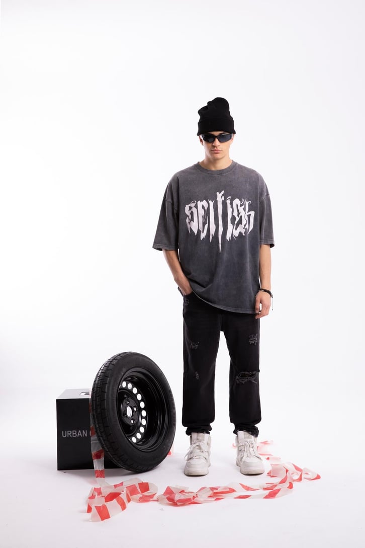 Text Printed Acid Wash Oversize Tshirt