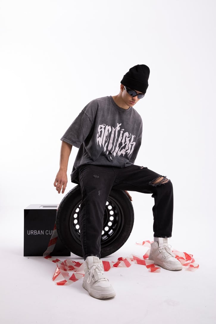 Text Printed Acid Wash Oversize Tshirt