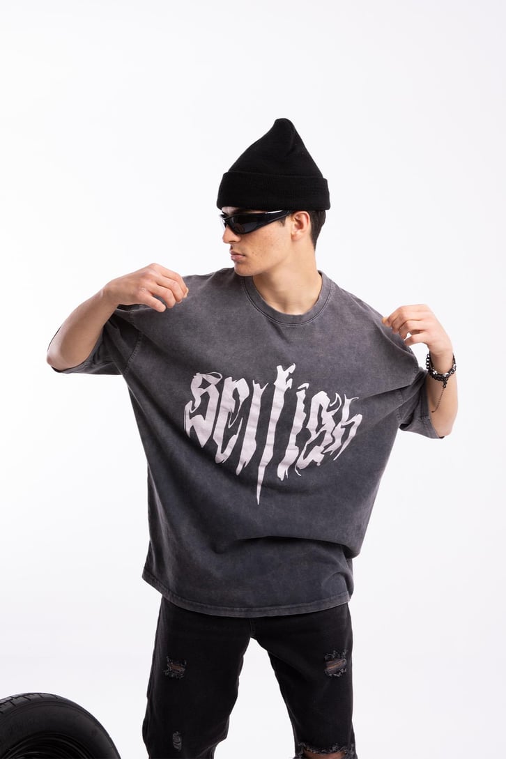 Text Printed Acid Wash Oversize Tshirt