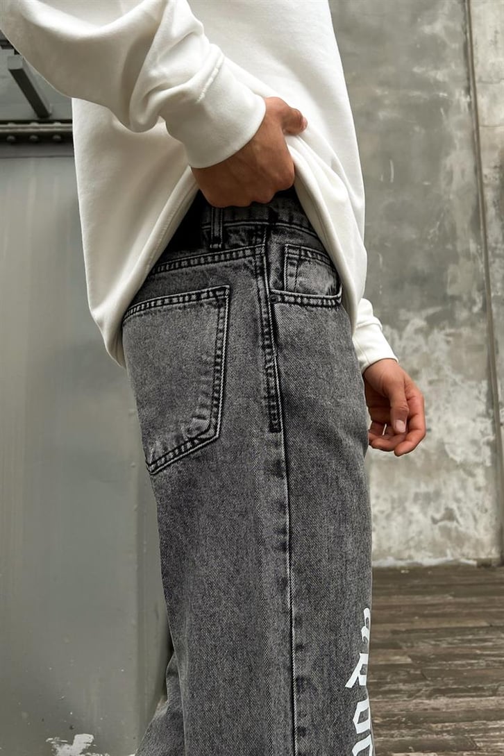 Text Printed Gri Acid Wash Regular Fit Jean