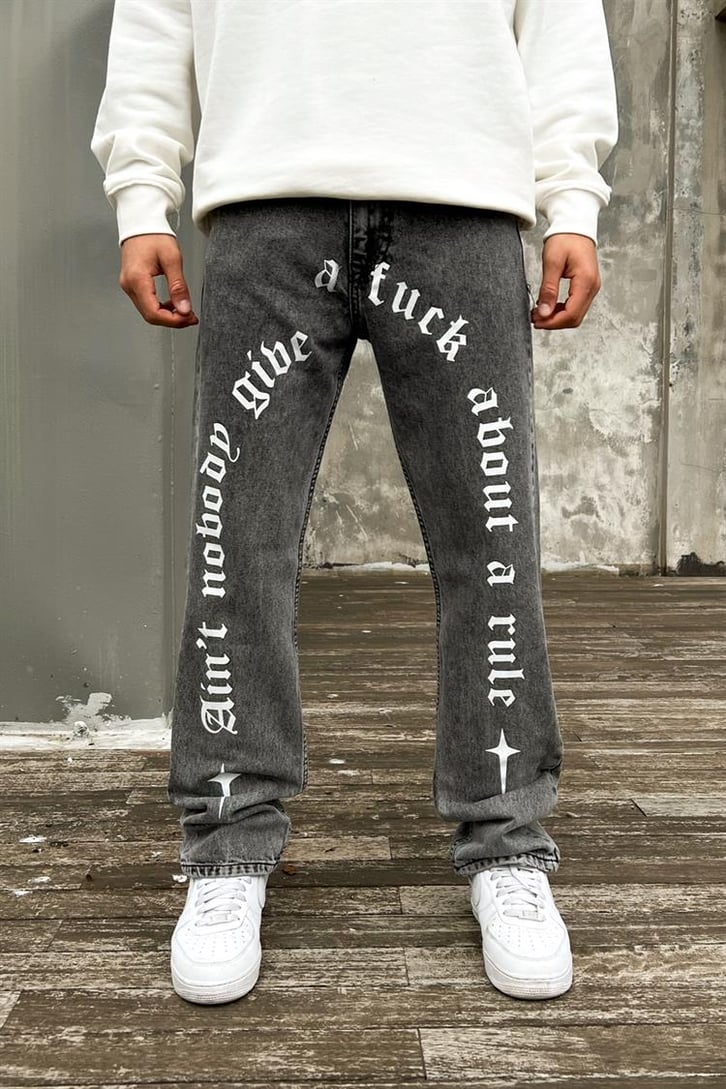 Text Printed Gri Acid Wash Regular Fit Jean