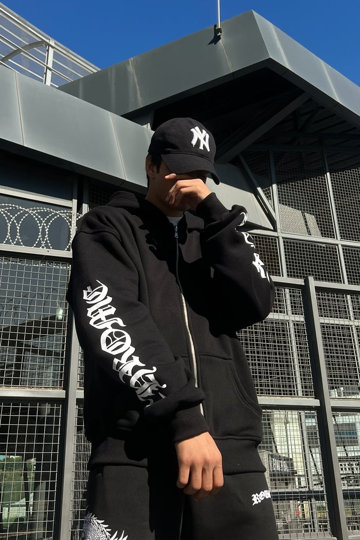 Text Sırt Baskılı Zipper Siyah Sweatshirt