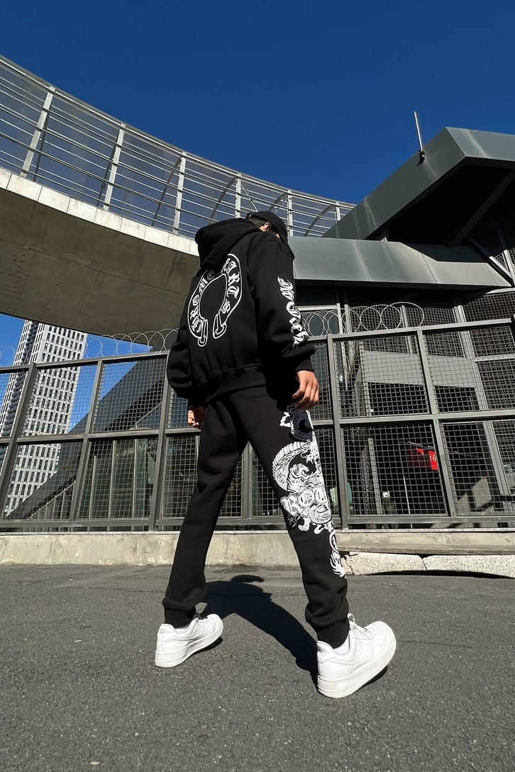 Text Sırt Baskılı Zipper Siyah Sweatshirt