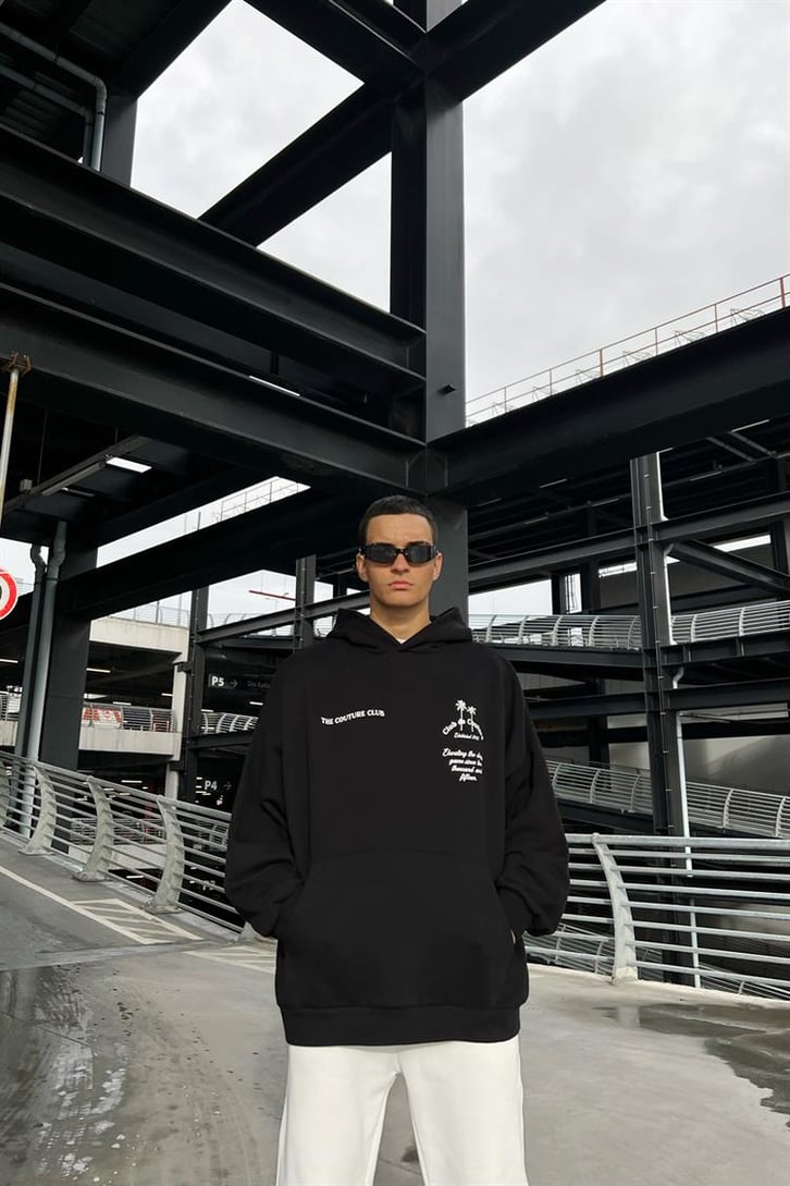The Couture Club Baskılı Siyah İçi Pamuklu Oversize Hoodie