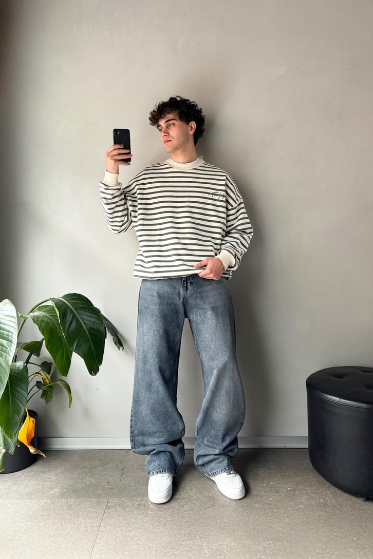 The Dad Nakışlı Çizgili Oversize Sweatshirt