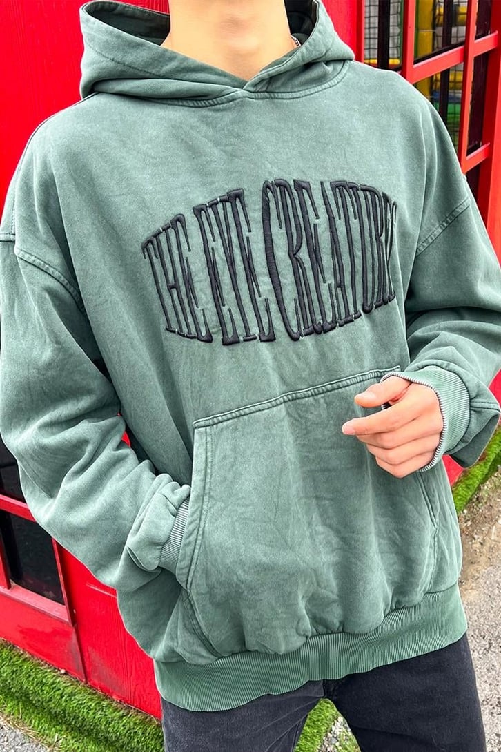 The Eye Creature Nakışlı Yıkamalı Yeşil Oversize Hoodie