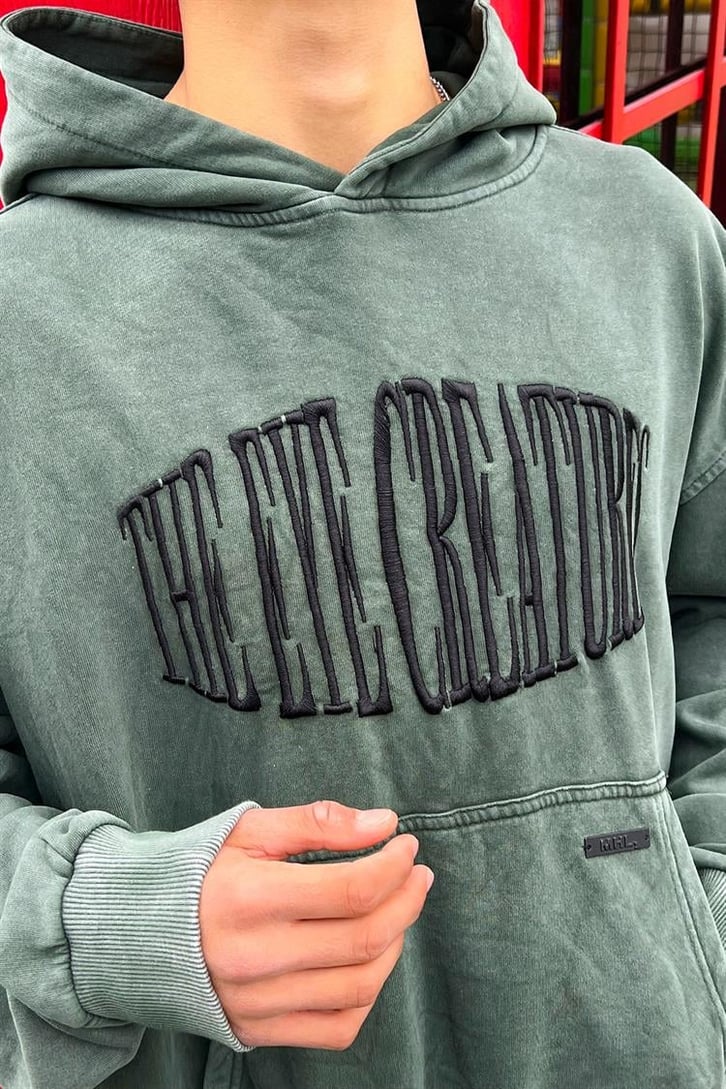 The Eye Creature Nakışlı Yıkamalı Yeşil Oversize Hoodie