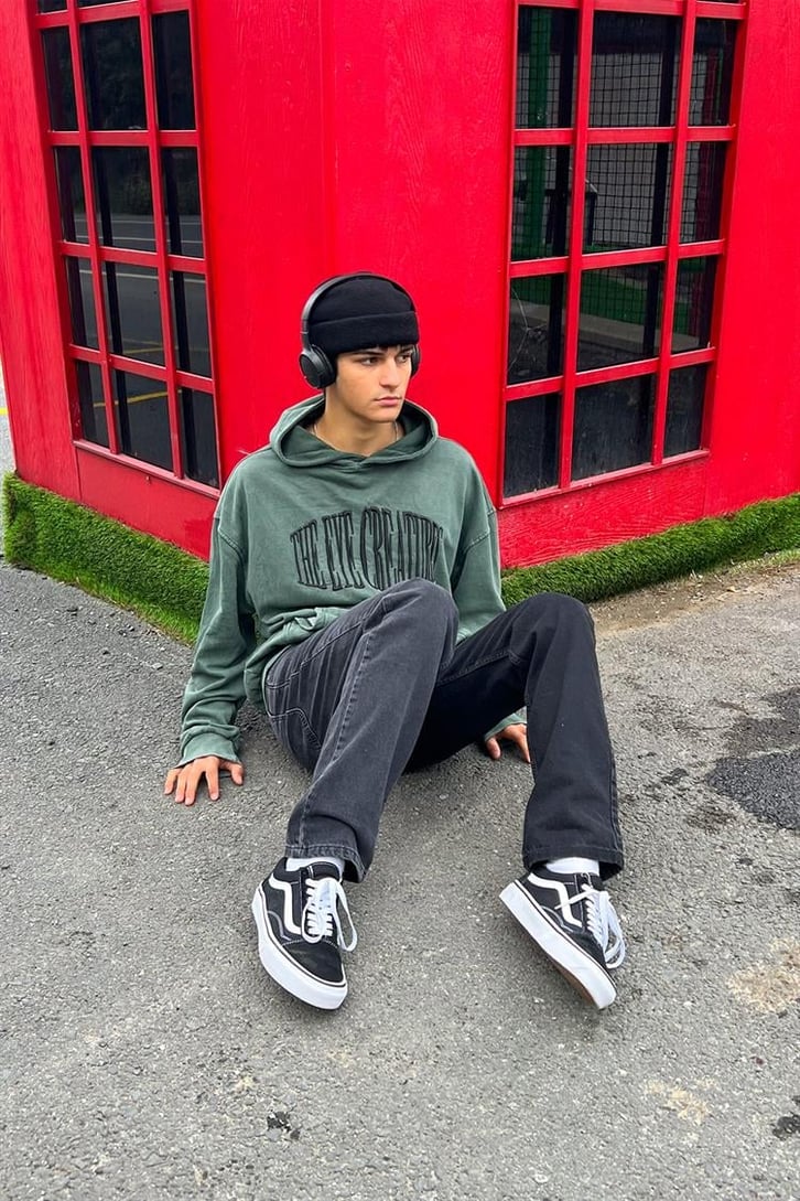 The Eye Creature Nakışlı Yıkamalı Yeşil Oversize Hoodie