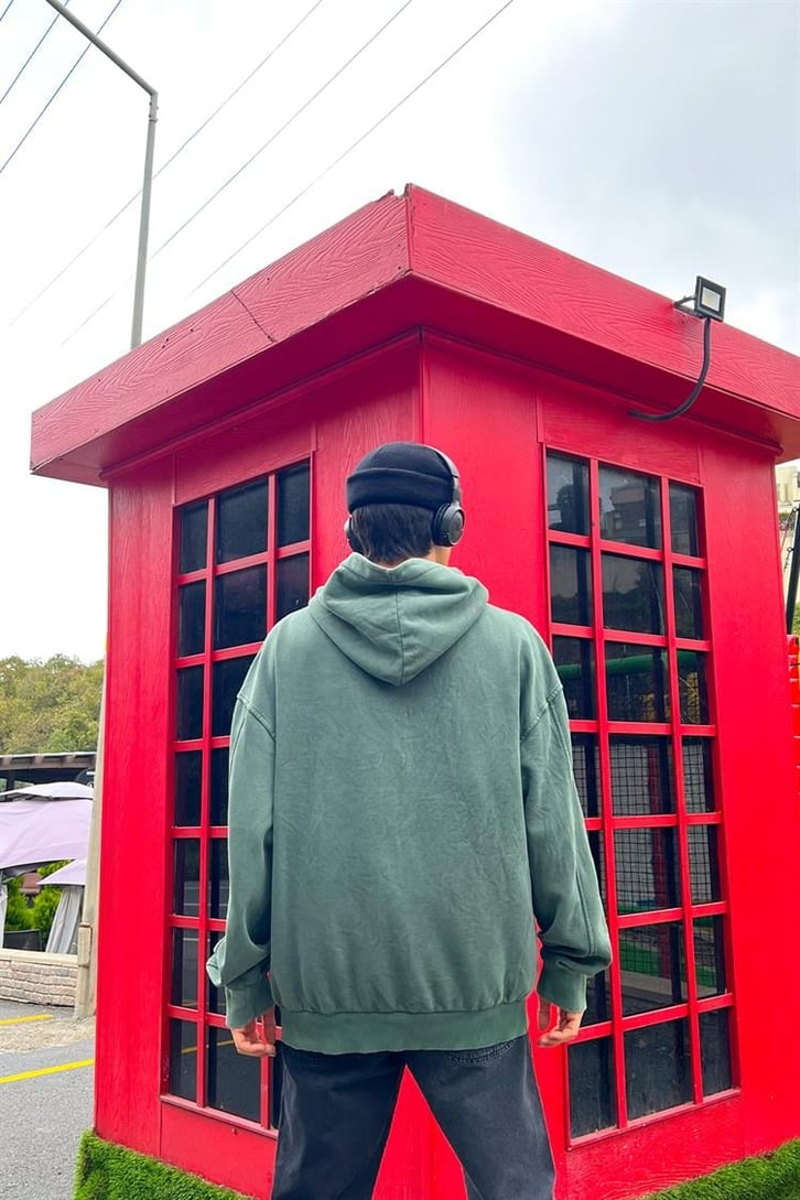 The Eye Creature Nakışlı Yıkamalı Yeşil Oversize Hoodie