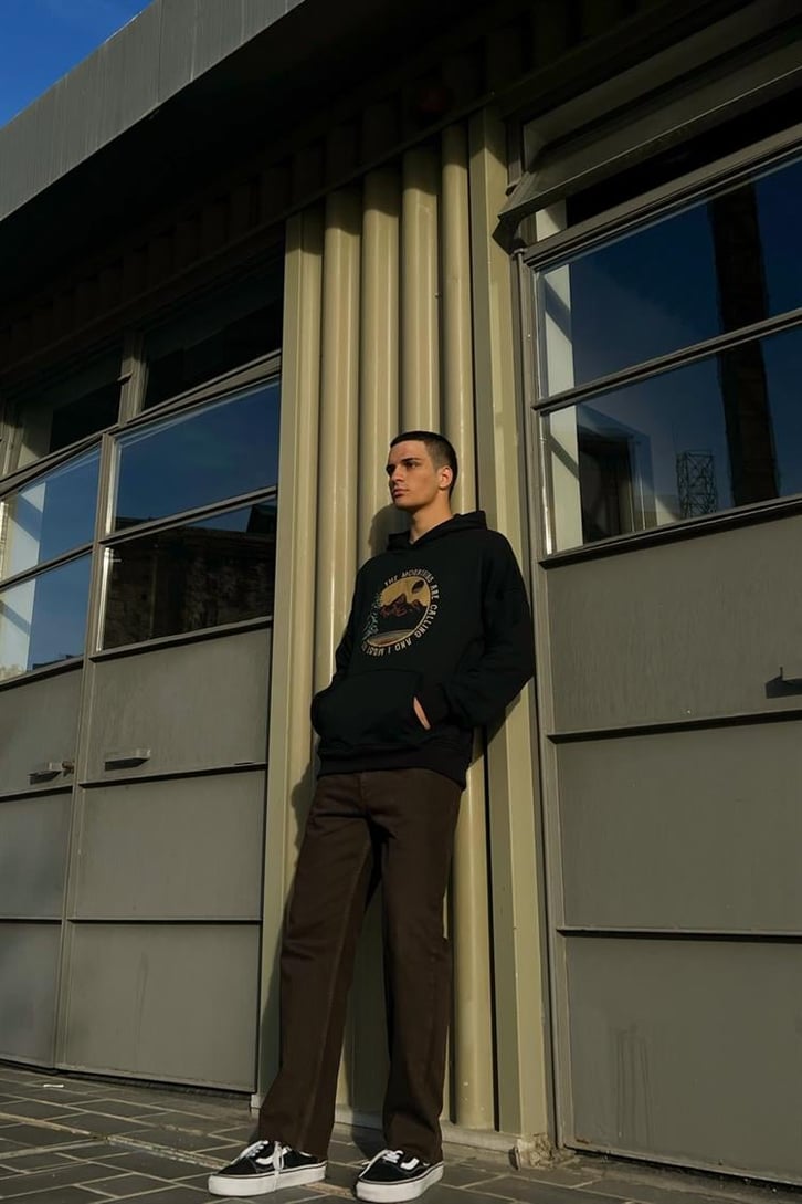 The Mountains Baskılı Siyah İçi Pamuklu Hoodie