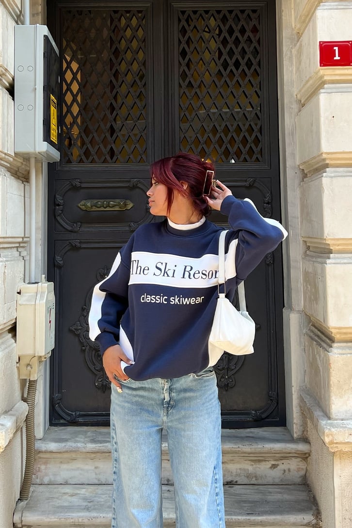 The Ski Baskılı Lacivert Kadın Sweatshirt