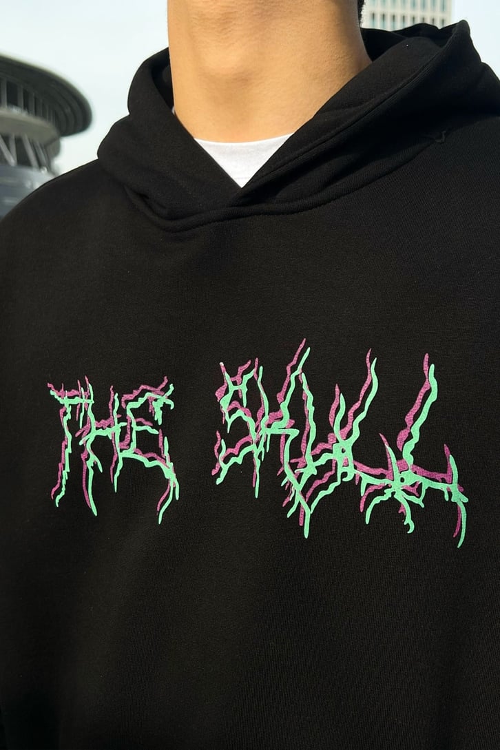 The Skull Basklı Siyah Oveersize Hoodie
