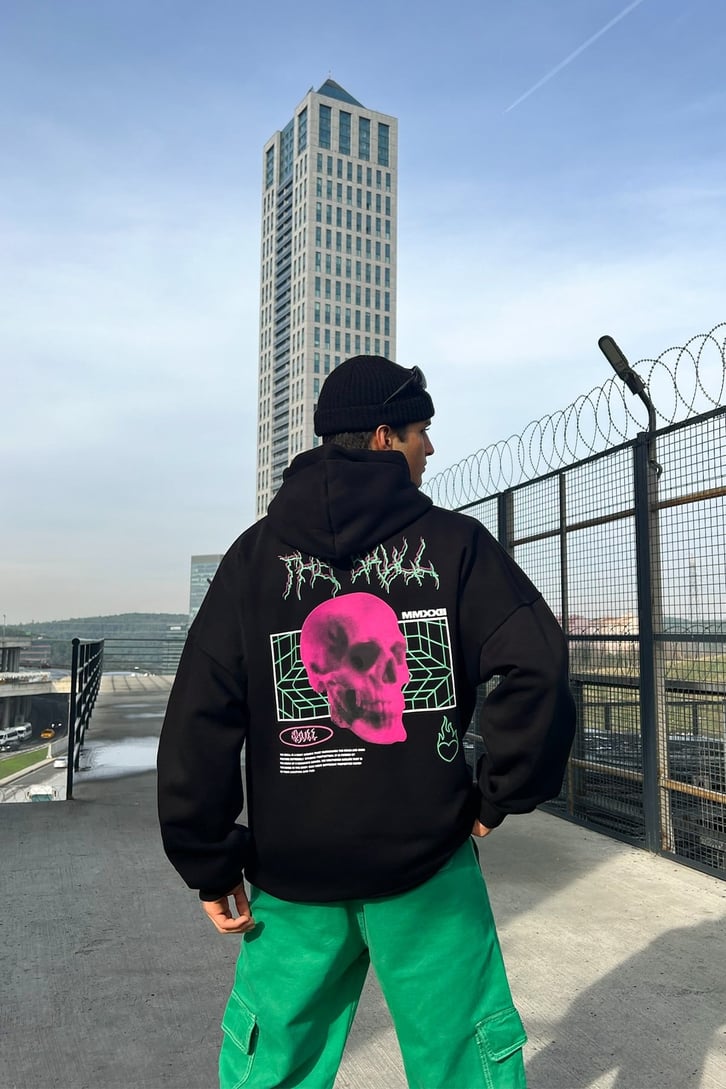 The Skull Basklı Siyah Oveersize Hoodie