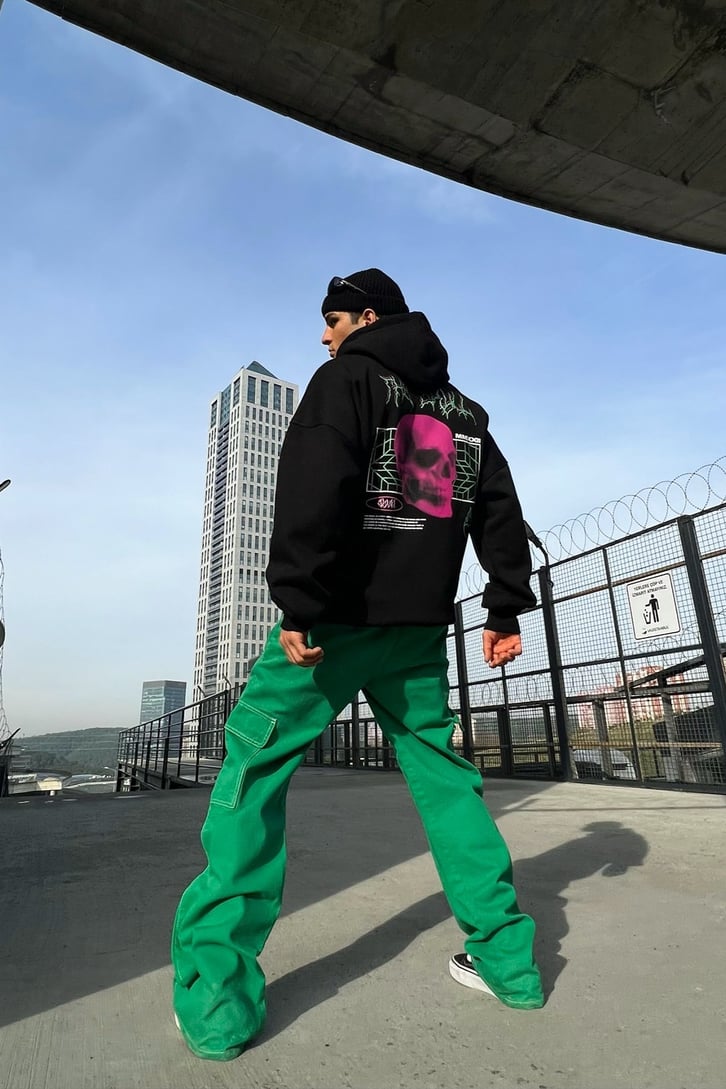 The Skull Basklı Siyah Oveersize Hoodie
