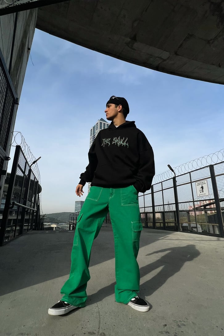 The Skull Basklı Siyah Oveersize Hoodie