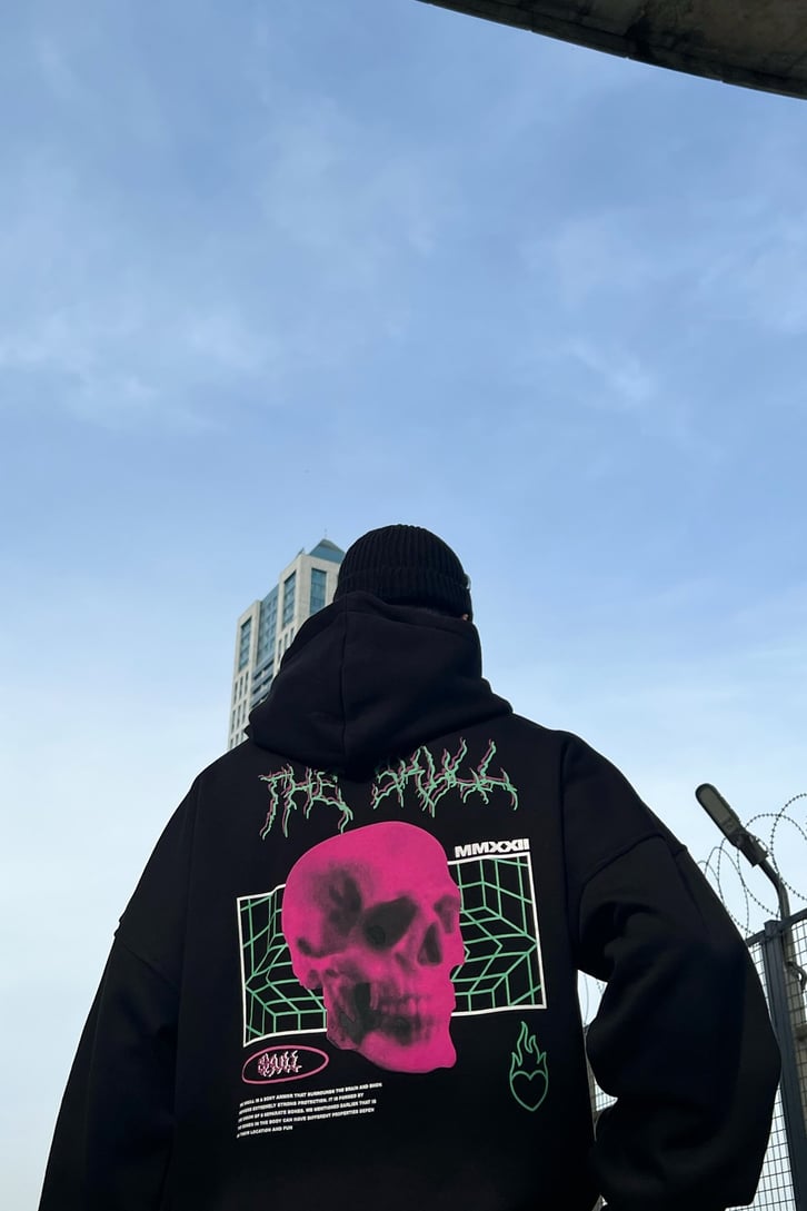 The Skull Basklı Siyah Oveersize Hoodie