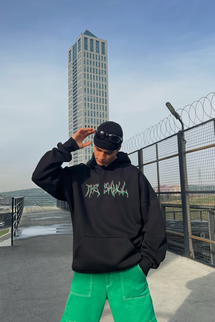 The Skull Basklı Siyah Oveersize Hoodie