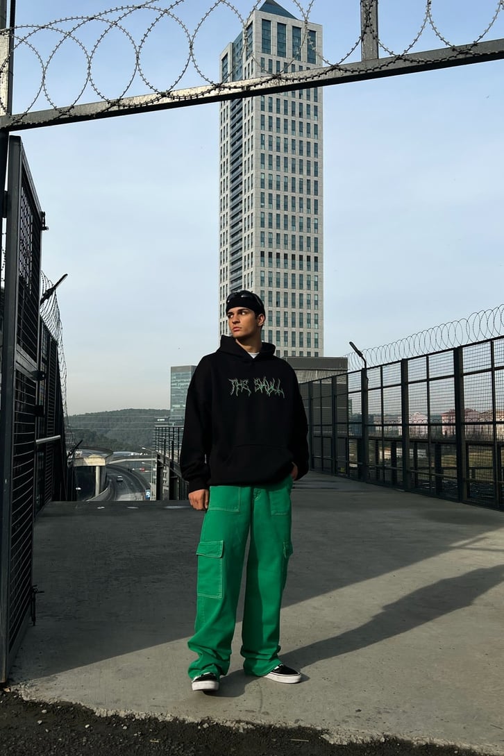 The Skull Basklı Siyah Oveersize Hoodie
